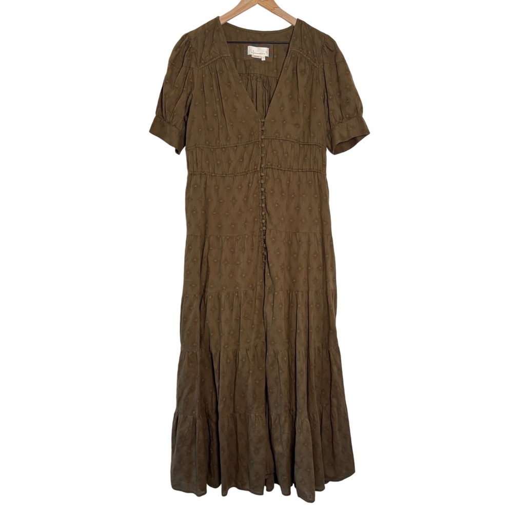 Anthropologie Somerset Maxi Dress Brown Olive Cotton Tiered Button Front Size M